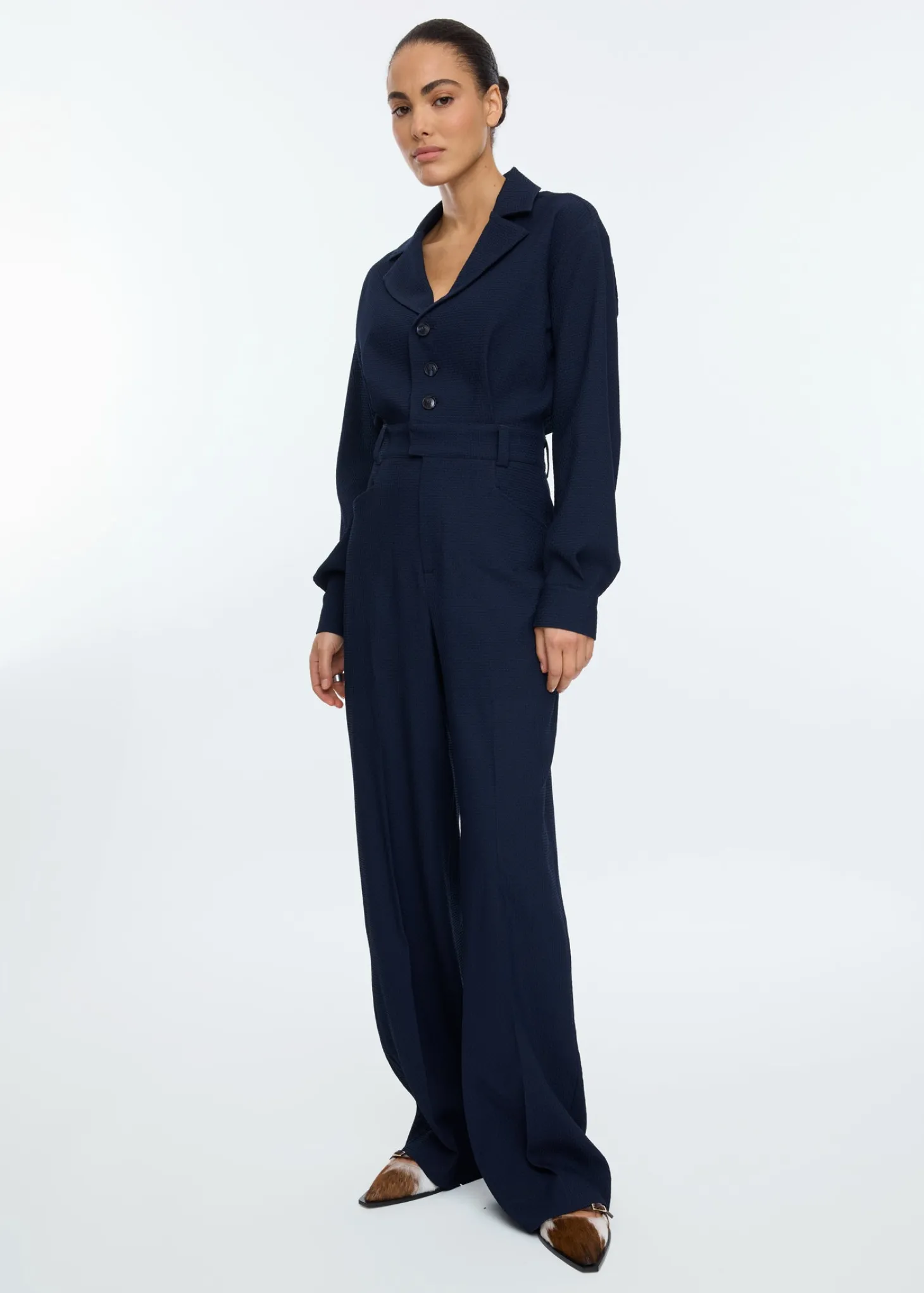 Lapel waffle jumpsuit