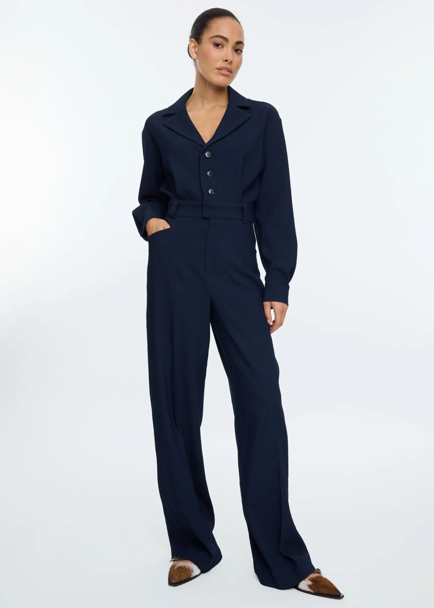 Lapel waffle jumpsuit